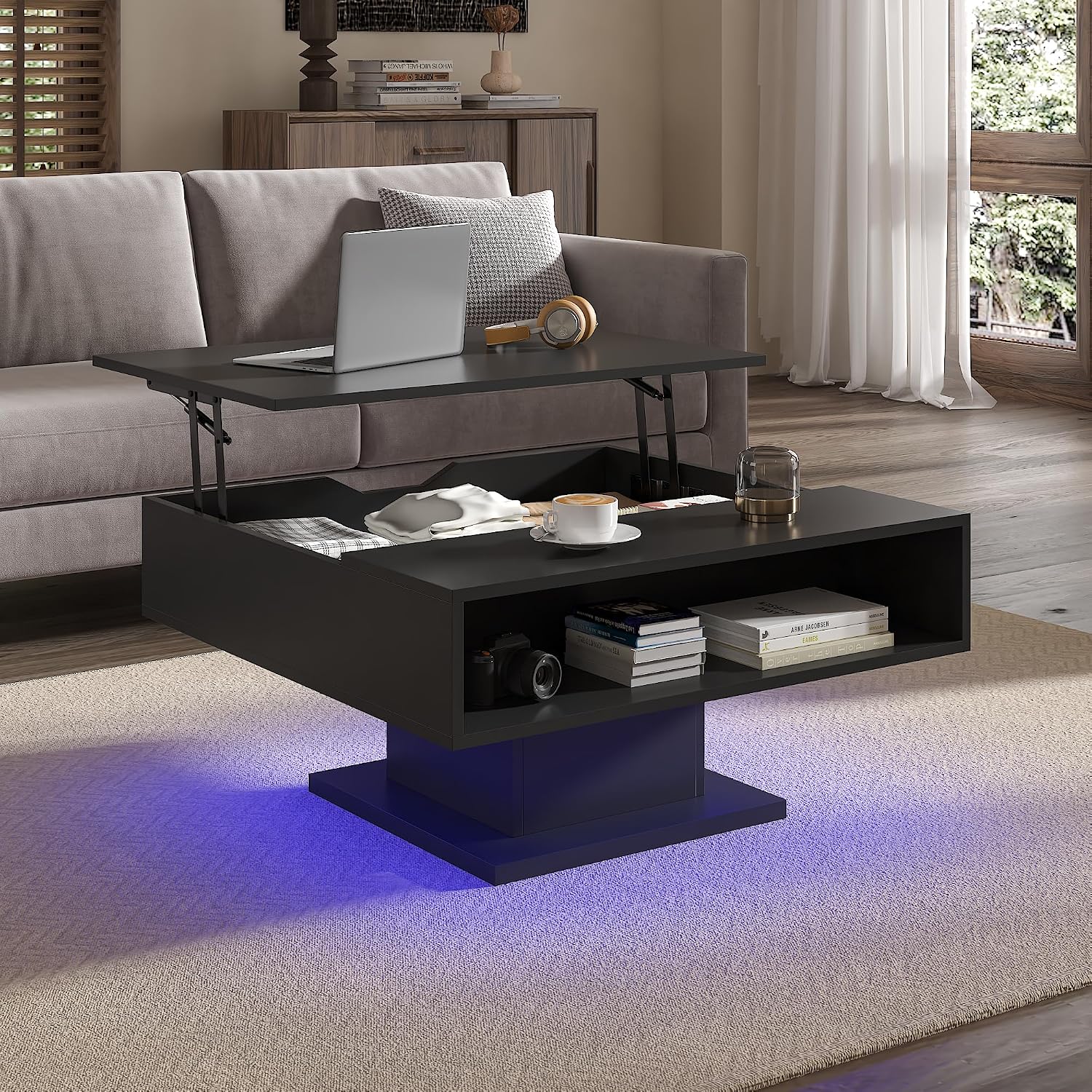 Square Lift Top Coffee Table with Storage, Black Led Coffee Table for Living Room with Large Hidden Storage, 30.7' Wood Table Led Center Table for Dining Reception Room