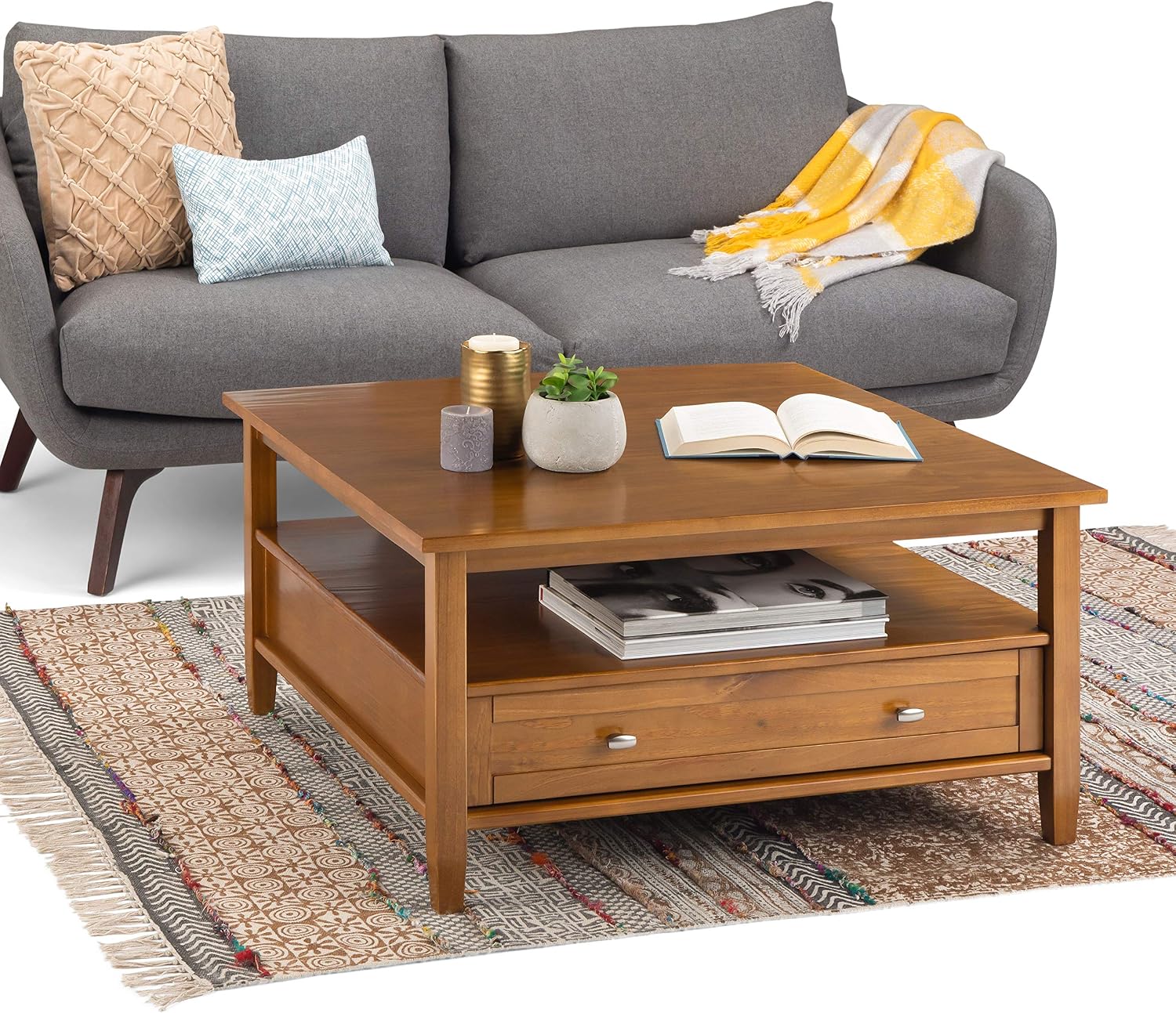 SIMPLIHOME Warm Shaker Square Coffee Table - 36 inch Wide Solid Wood Cocktail Table in Light Golden Brown, Transitional Living Room Table with Large Storage Drawer and Open Shelf for Sitting Area