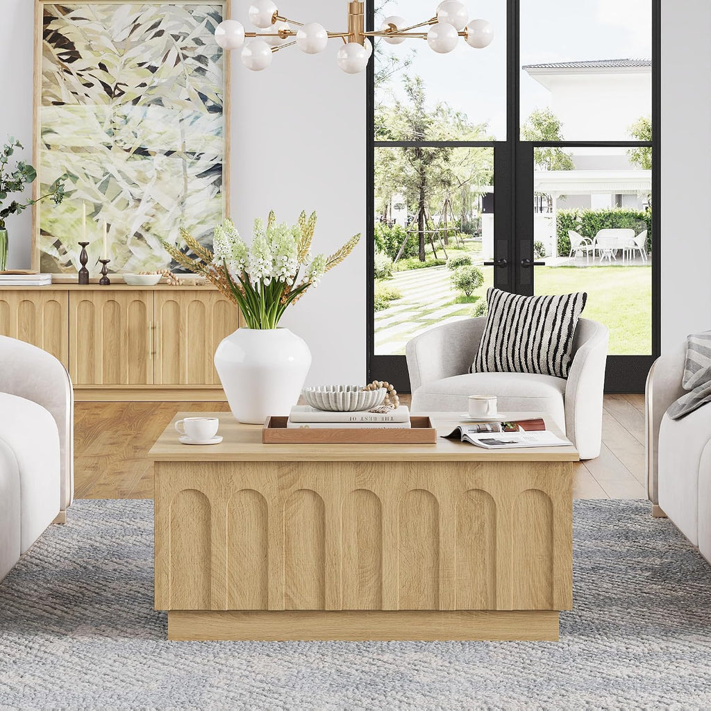 FORTUNETEC Lift Top Coffee Table with Storage, Modern Coffee Table with Arched Design, 31.5' Square Tea Table with Wood Grain, Boho Multifunctional Center Table for Living Room, Office, Oak