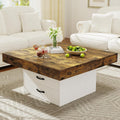Square Coffee Table with LED Lights, 35.4' Coffee Tables for Living Room, Engineered Wood Modern Center Table with 2 Drawers for Home, Office (White)