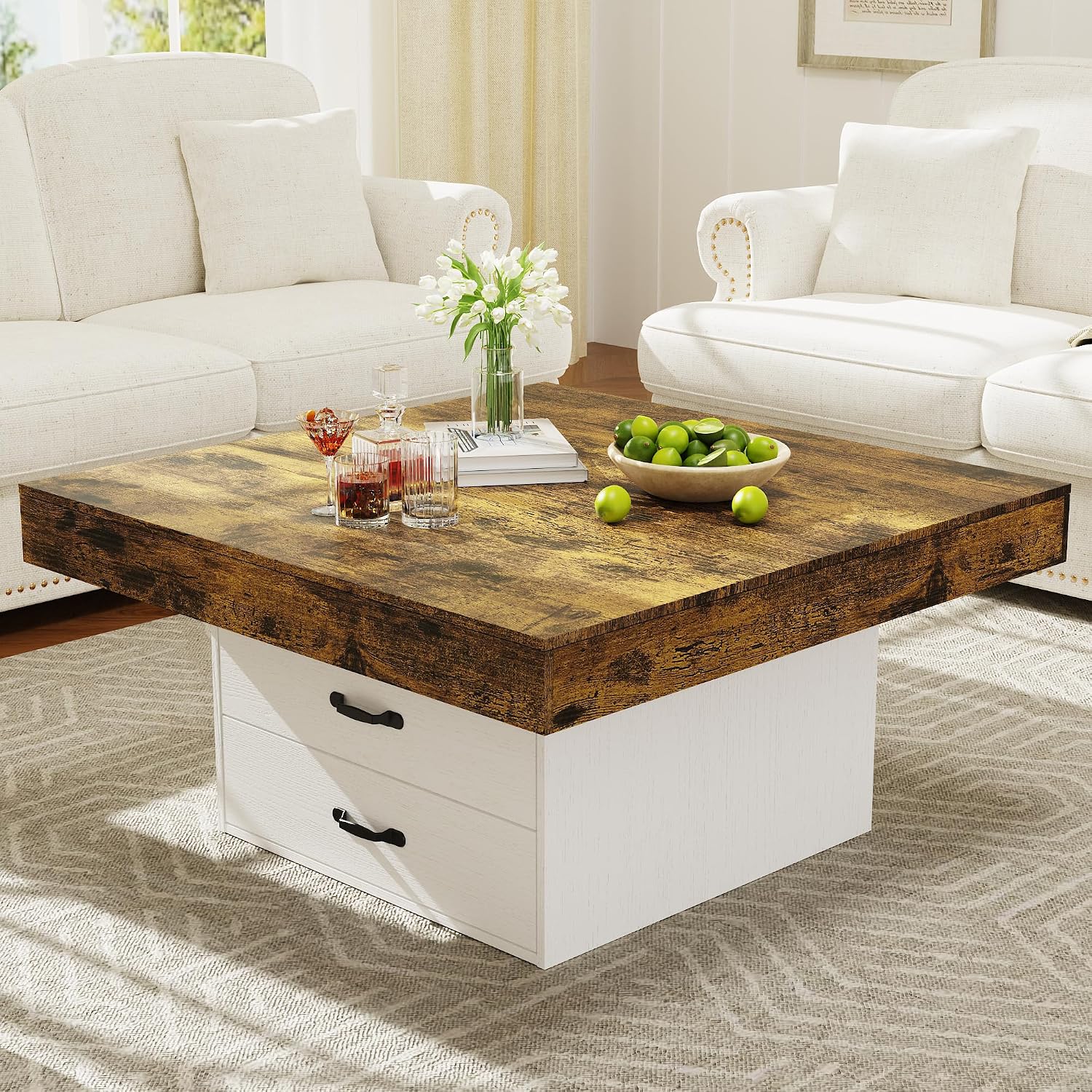 Square Coffee Table with LED Lights, 35.4' Coffee Tables for Living Room, Engineered Wood Modern Center Table with 2 Drawers for Home, Office (White)