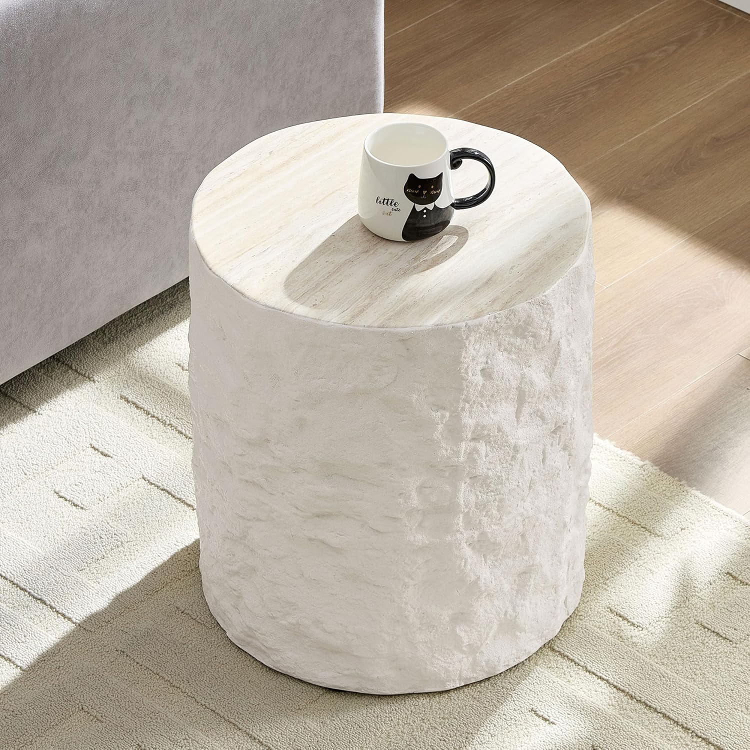 Round Fiberglass Coffee Table for Living Room,15.75 Inch Side Table for Bedroom,Modern Design Imitation Stone End Table for Apartment,No Need Assembly,Beige