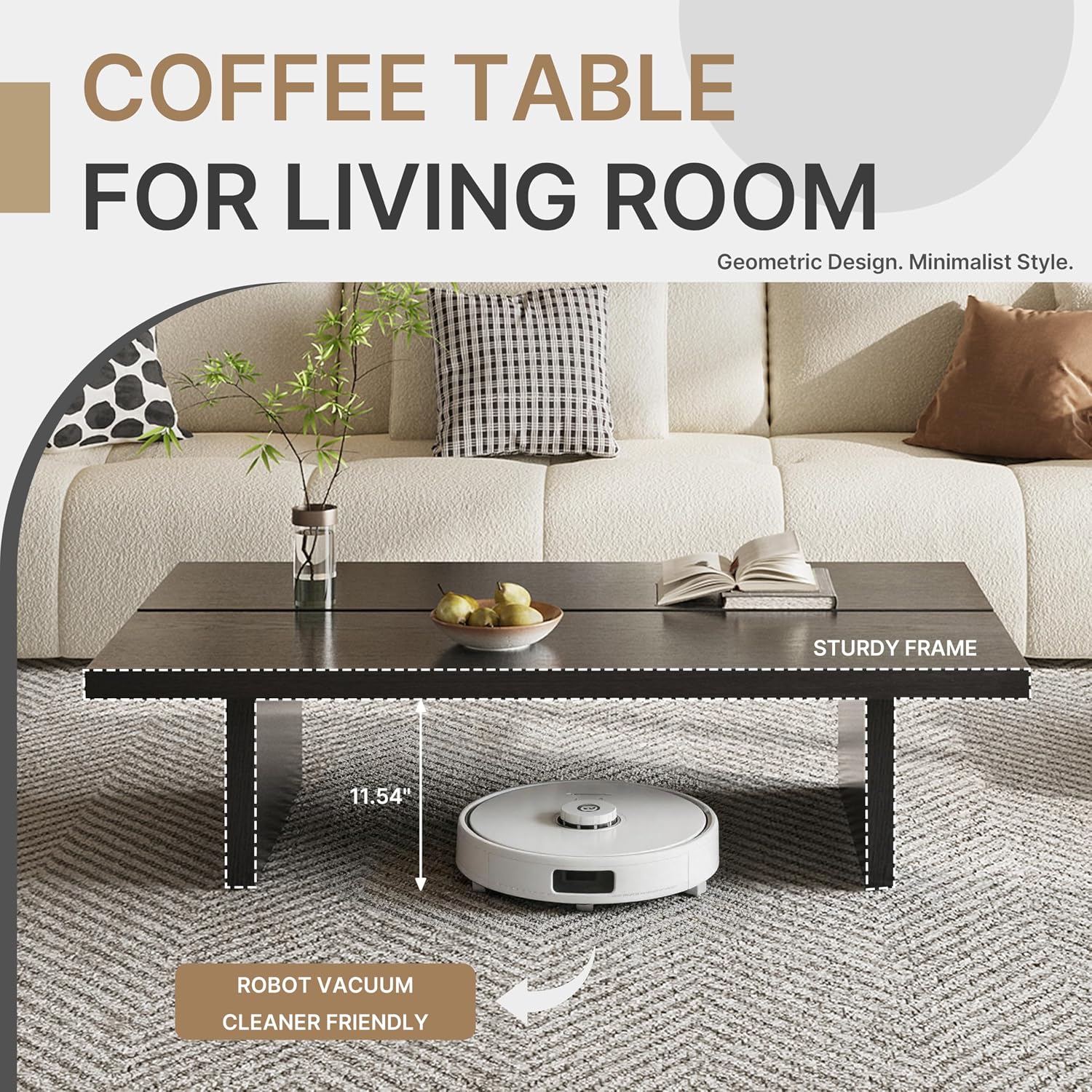 47' Rectangular Walnut Grain Coffee Table - Minimalist Modern Coffee Tables for Living Room, Japanese Tea Table, Low Profile Center Table for Home & Office (Black)