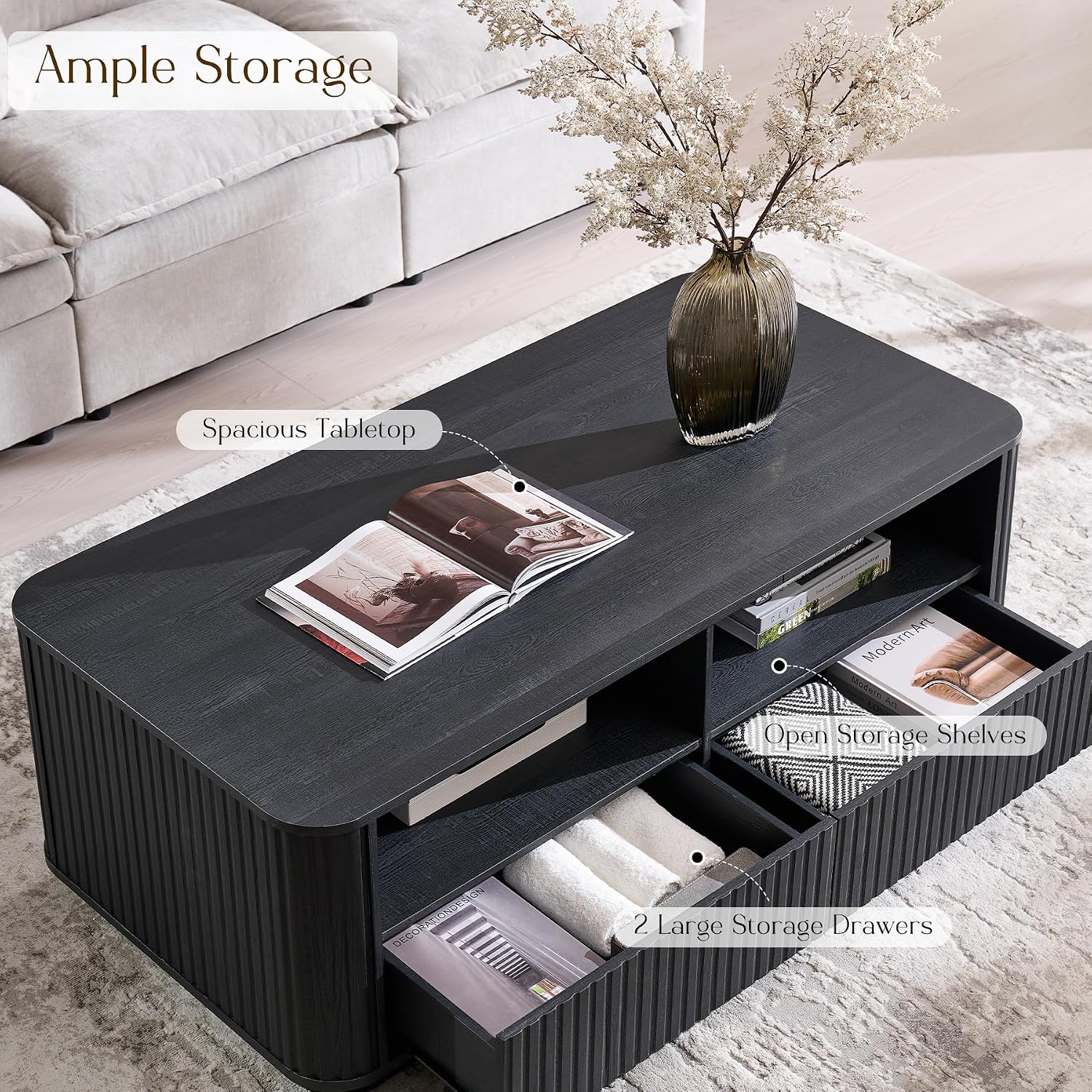 ACCOHOHO 51' Fluted Coffee Table with Storage, Large Modern Center Table with 2 Drawers, Rectangle Wood Coffee Table for Living Room