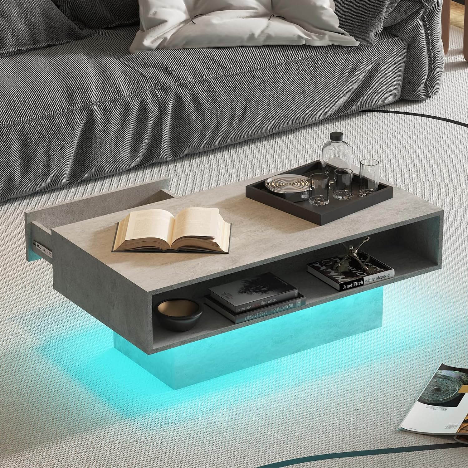 HedoAjim LED Coffee Table with 2 Storage Drawers for Living Room, Center Middle Table Modern Cocktail Table Tea Tables, Mid Century Rectangular Wood Coffee Table Home Office Waiting Room, Grey