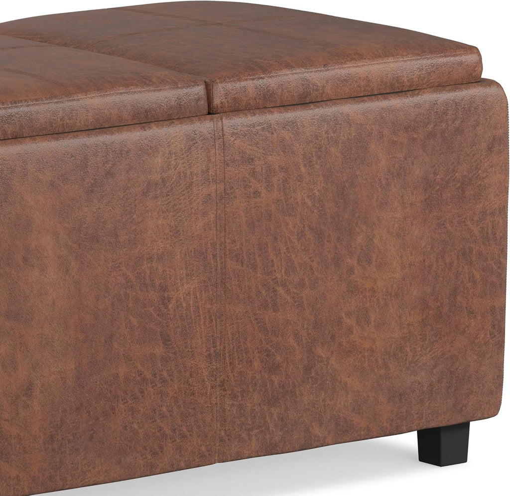 SIMPLIHOME Avalon Storage Ottoman - 42 inch Wide Upholstered Vegan Leather Rectangular Flip-Top Ottoman in Distressed Saddle Brown, Contemporary Coffee Table Ottoman for Living Room with Storage