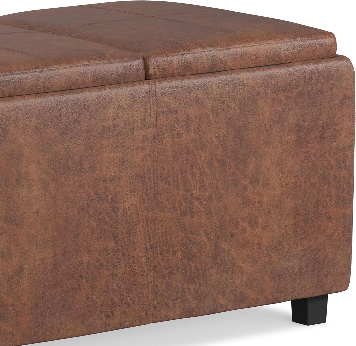 SIMPLIHOME Avalon Storage Ottoman - 42 inch Wide Upholstered Vegan Leather Rectangular Flip-Top Ottoman in Distressed Saddle Brown, Contemporary Coffee Table Ottoman for Living Room with Storage