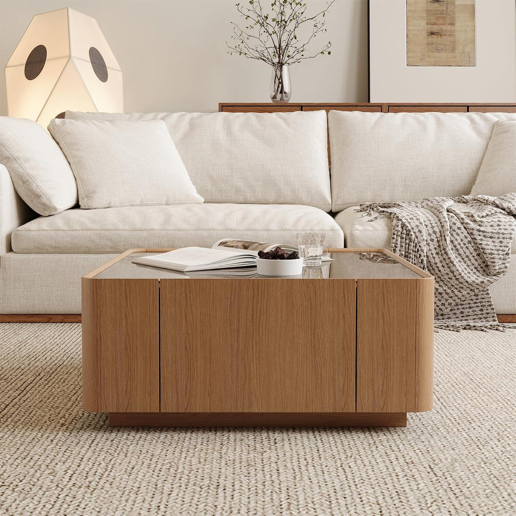 SSLine 31.5' Square Coffee Table with 2 Storage Drawers & Tempered Glass Top, Modern Wooden Center Table with Diamond Texture, Walnut for Living Room