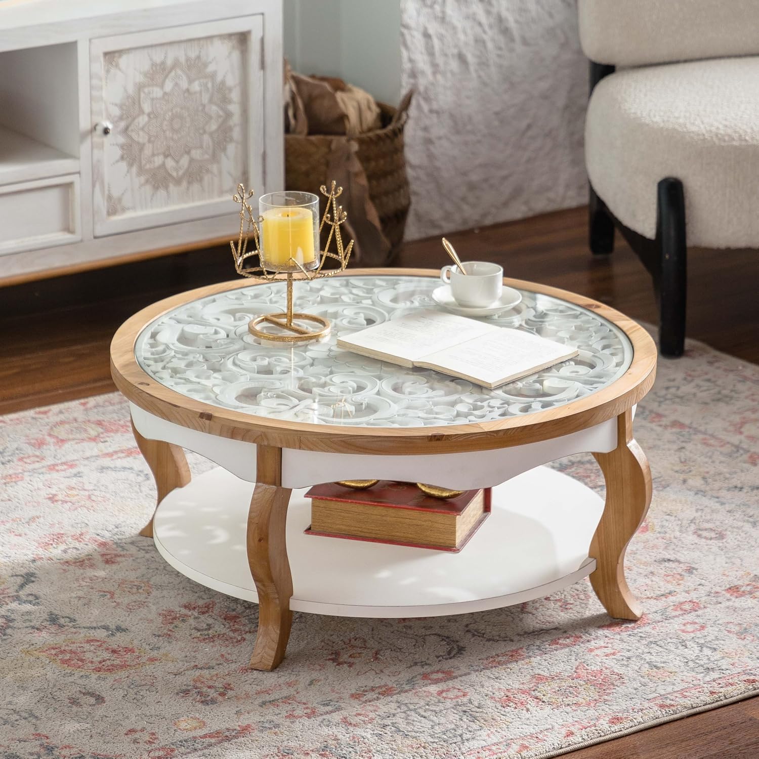 WILLIAMSPACE 31.5' Round Coffee Table with Open Storage, Farmhouse Solid Wood Circle Center Table with Tempered Glass Top 2-Tier Tea Table for Living Room, Easy Assembly (White & Natural Wood Finish)