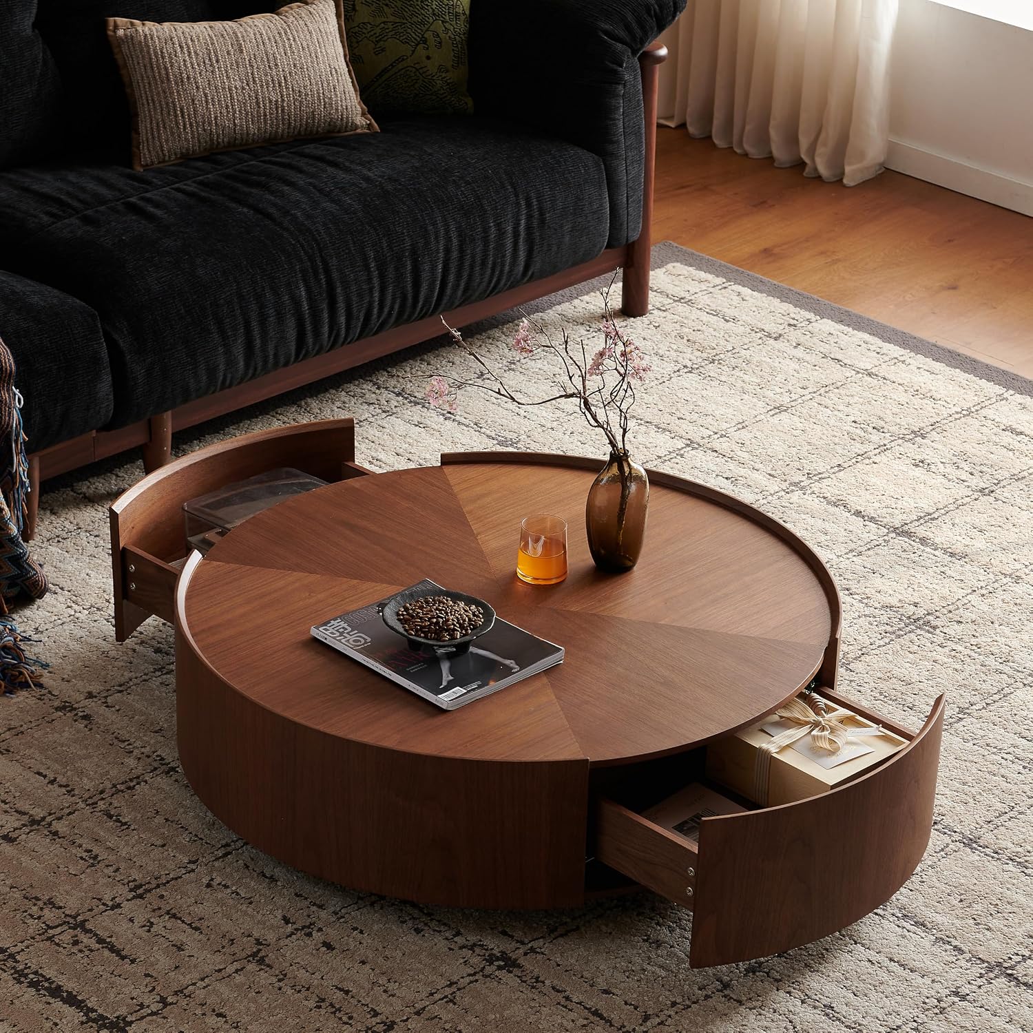 WILLIAMSPACE 35.43' Round Coffee Table with 2 Drawers Storage, Modern Circle Drum Center Table Tea Table for Living Room Apartment, No Need Assembly - Walnut