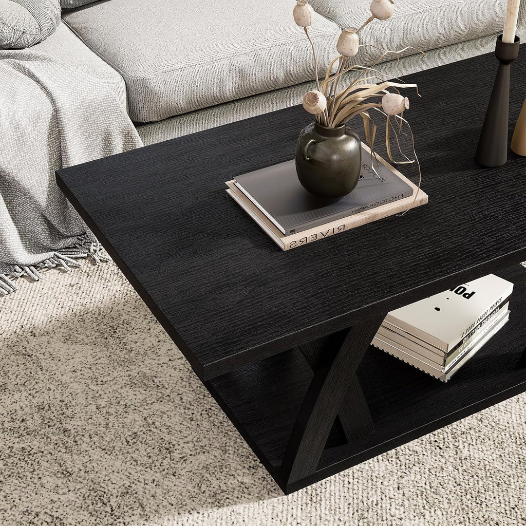 FROMJBEST Farmhouse Coffee Table with Shelf, Mordern CoffeeTable, Black Coffee Table Living Room, Living Room Tables,47' Black with Grey