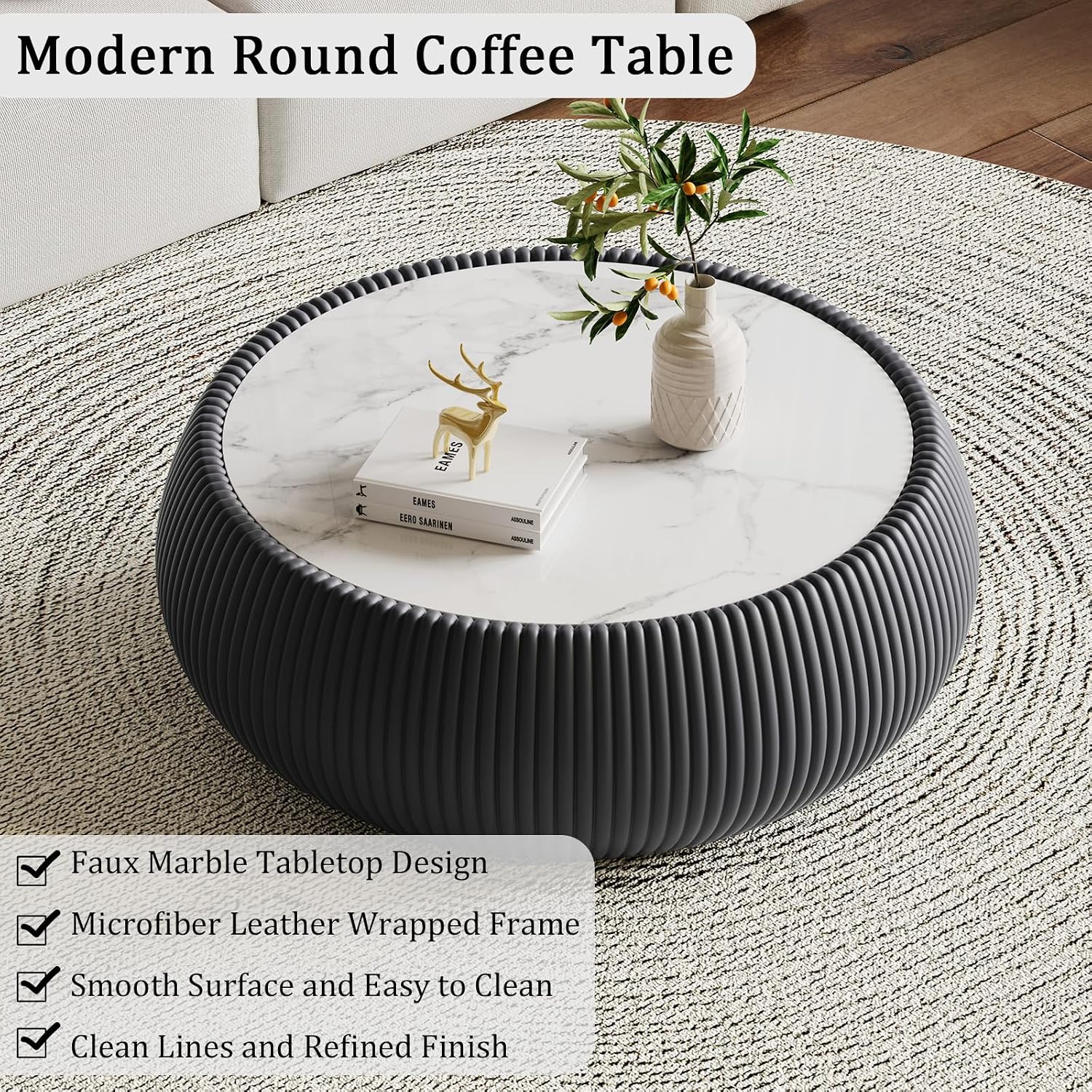 Grey Round Coffee Table with Sintered Stone Tabletop, 27.55' Drum Coffee Table with Fluted PU Leather Covered and Stable Base, Circle Cocktail Tea Table for Living Room