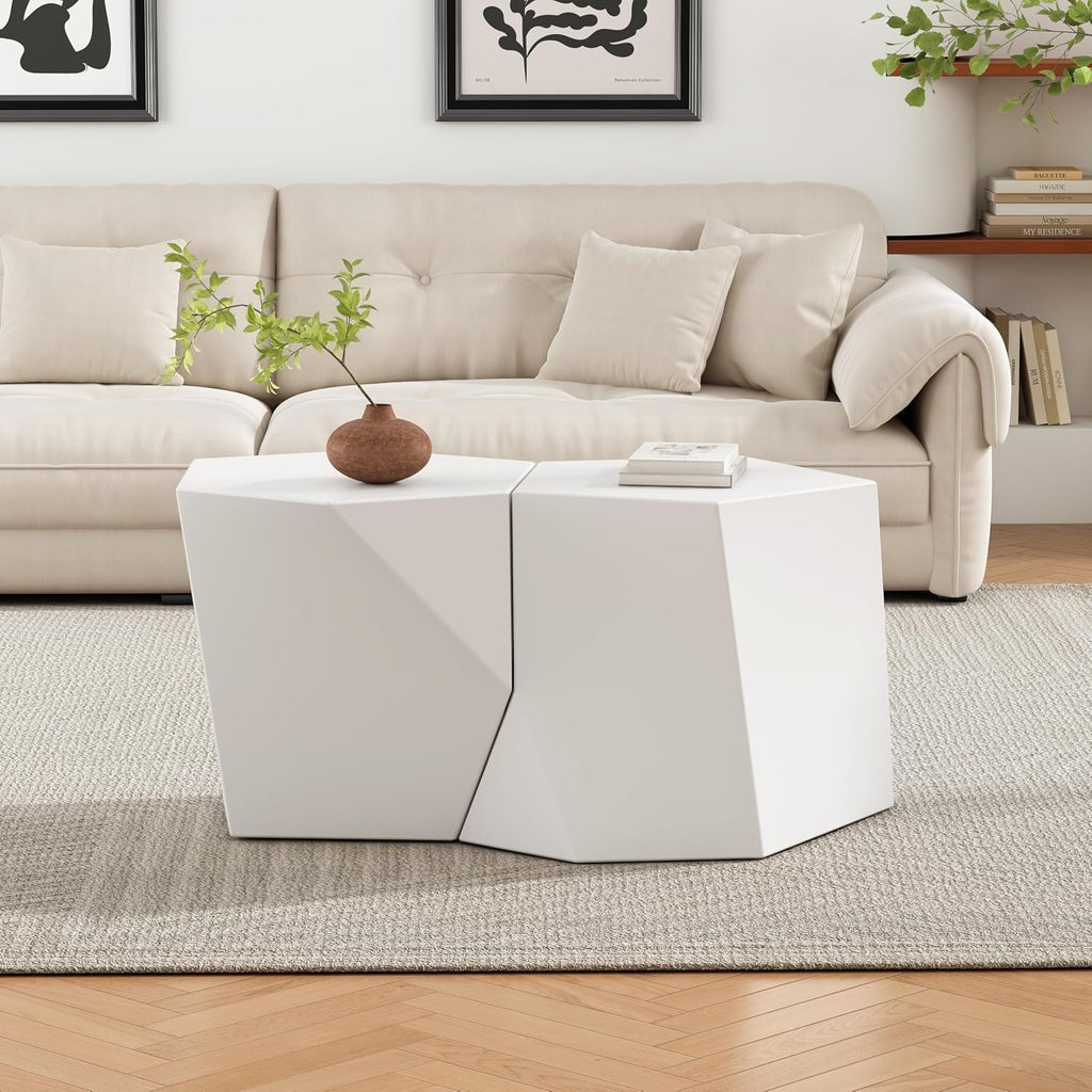 Merax Modern Mgo Coffee Table Set, 2 Piece Geometric Side Table Includes 1 Pentagon-Topped Table & 1 Hexagon-Topped Table for Living Room Office, White