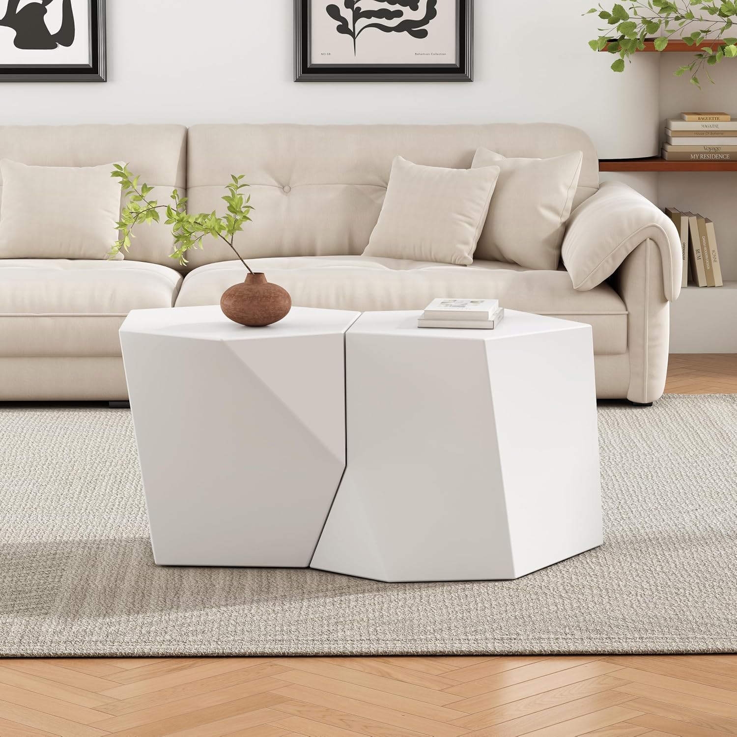 Merax Modern Mgo Coffee Table Set, 2 Piece Geometric Side Table Includes 1 Pentagon-Topped Table & 1 Hexagon-Topped Table for Living Room Office, White