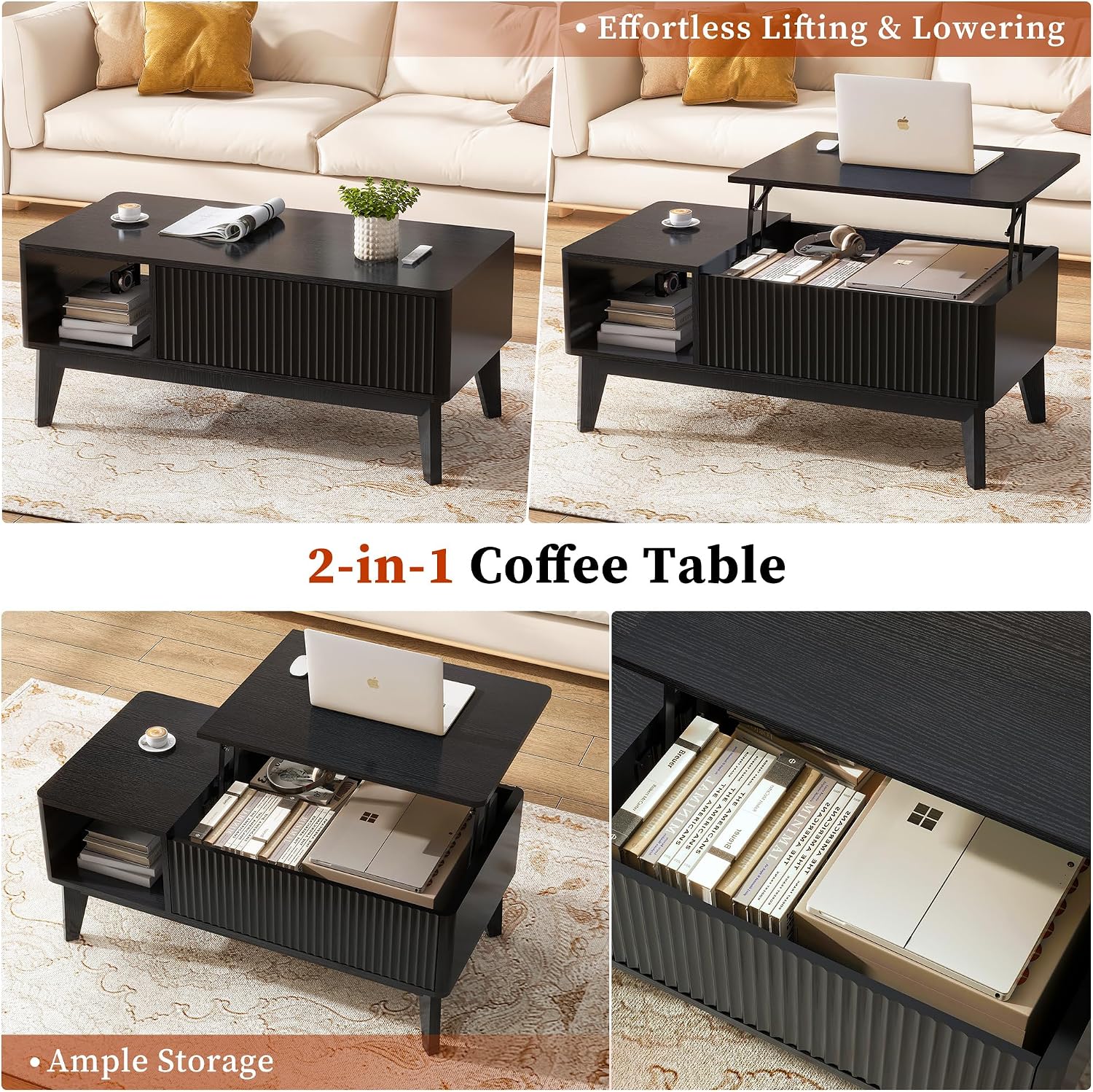 LYNCOHOME Fluted Coffee Table with Hidden Compartment, Wood Lift Top Coffee Tables, Modern Center Table for Living Room, Home Office, Black