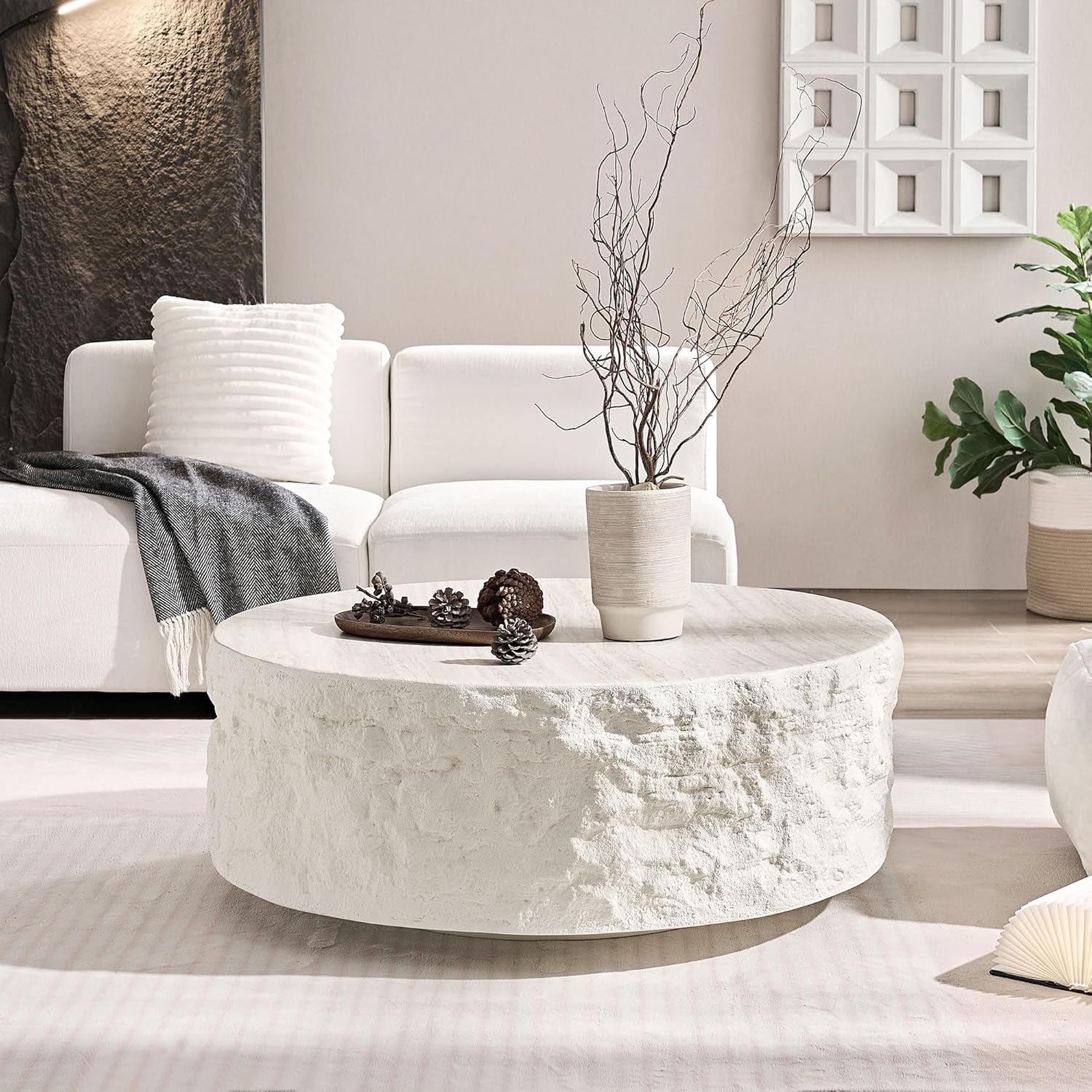 Round Coffee Table, 35.43' Fiberglass Imitation Stone Accent Table for Living Room, Bedroom, Apartment & Office, Beige, No Need Assembly