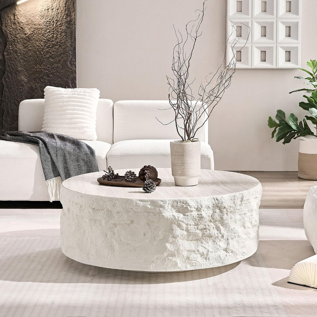 WILLIAMSPACE 35.4' Round Travertine Coffee Table for Living Room,Modern Circle Drum Center Table with Faux Stone Tea Table for Apartment, Fiberglass, No Need Assembly (Beige Cement Stone Pattern)
