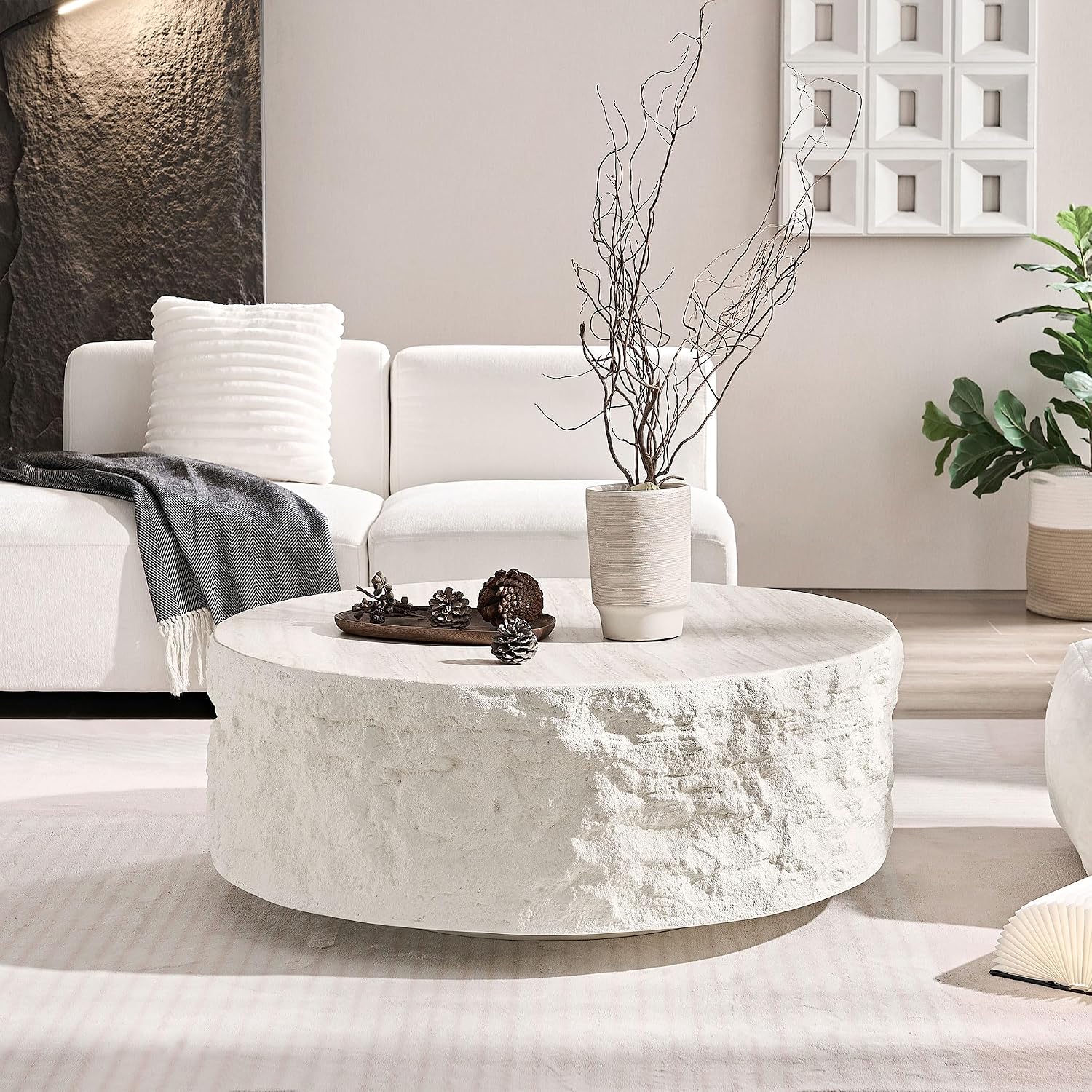 WILLIAMSPACE 35.4' Round Travertine Coffee Table for Living Room,Modern Circle Drum Center Table with Faux Stone Tea Table for Apartment, Fiberglass, No Need Assembly (Beige Cement Stone Pattern)
