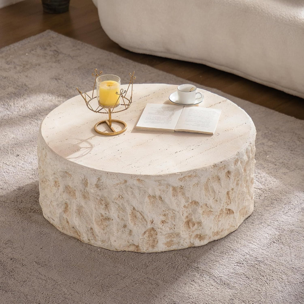 35.43' MgO Round Coffee Table for Living Room, Mid-Century Modern Vintage Faux Stone Circle Center Table for Office Apartment, Beige