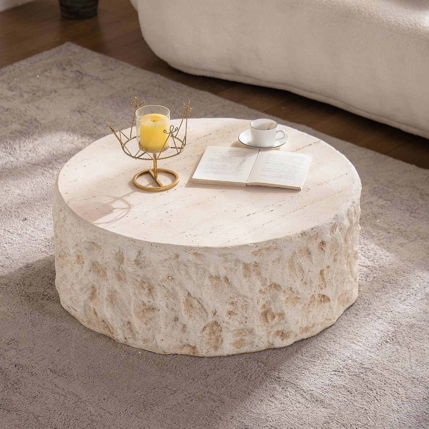 WILLIAMSPACE 31.5' Round Coffee Table Magnesium Oxide Centre Table, Mid-Century Modern Faux Stone Tea Table for Living Room Apartment, No Need Assembly - Amber, Beige