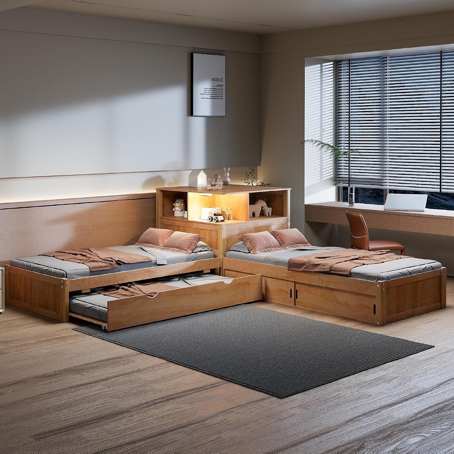 RuiSiSi Twin L-Shaped Bed with Trundle, LED Light & Storage Cabinets, Corner Bed with Frame Desk and Shelves for 3 Kids, Wood L-Shaped Platform Bed with Bookcase, Natural