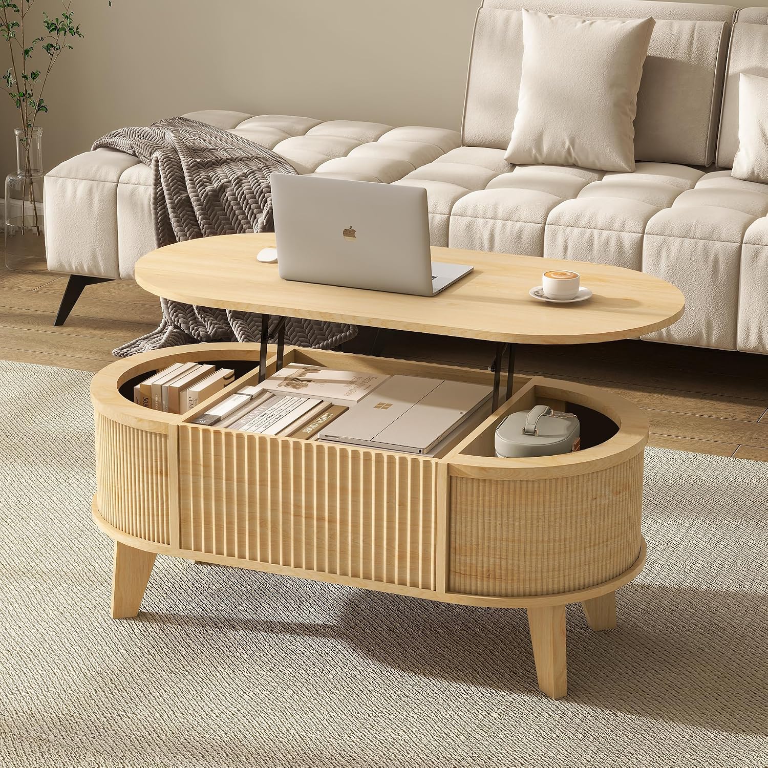 LYNCOHOME Fluted Lift Top Coffee Table with Storage,Modern Oval Coffee Table for Living Room Or Home Office（Natural）