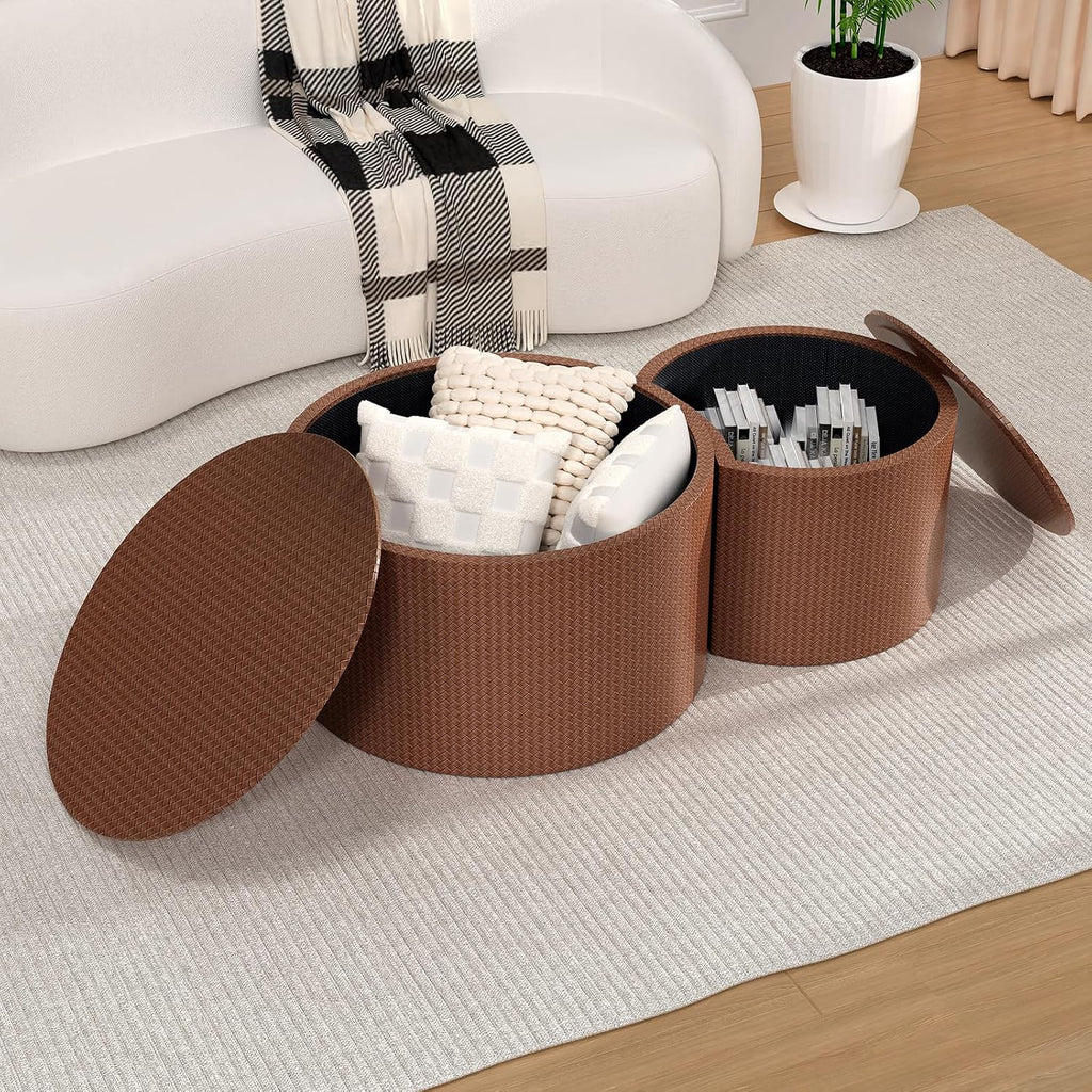 Round Coffee Table Set of 2 Modern Nesting Coffee Tables Drum Coffee Tables with Non-Slip Feet, Circle Nesting Tables End Table for Living Room Office, No Assembly (Brown 26.8'+18.3')