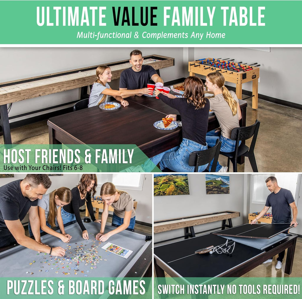GoSports 3 in 1 Pool, Dining, & Table Tennis Combo Table and Storage Benches - 7 ft or 8 ft - Convertible Billiards and Table Tennis with Accessories