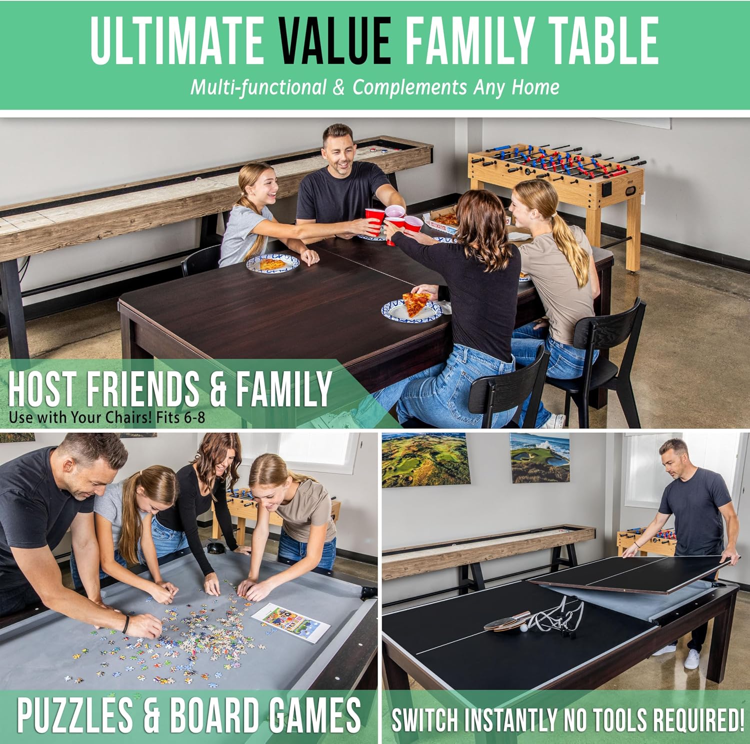 GoSports 3 in 1 Pool, Dining, & Table Tennis Combo Table and Storage Benches - 7 ft or 8 ft - Convertible Billiards and Table Tennis with Accessories