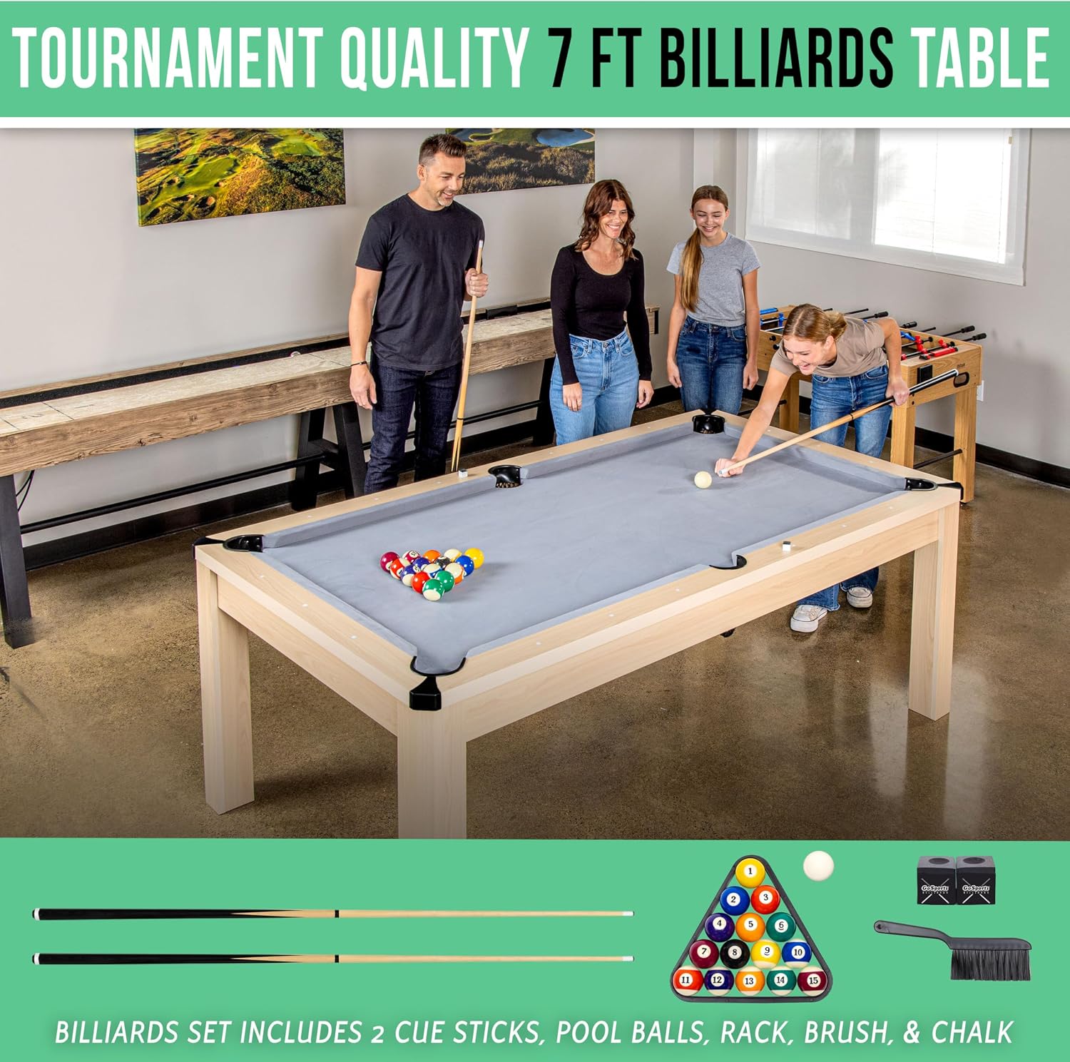 GoSports 3 in 1 Pool, Dining, & Table Tennis Combo Table and Storage Benches - 7 ft or 8 ft - Convertible Billiards and Table Tennis with Accessories