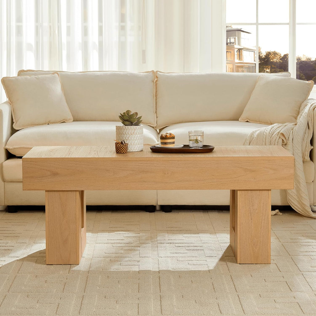 OKYCI Modern Coffee Table for Living Room, Wood Living Room Table with Sturdy Wooden Legs, Easy Assembly, 47' W x 19' D, Natural Oak