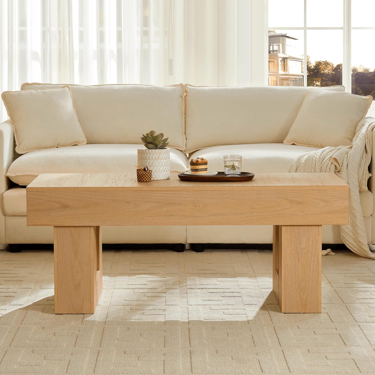 OKYCI Modern Coffee Table for Living Room, Wood Living Room Table with Sturdy Wooden Legs, Easy Assembly, 47' W x 19' D, Natural Oak