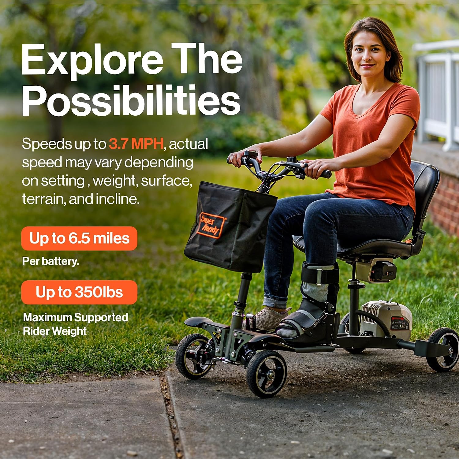 SuperHandy Passport Pro Mobility Scooter - Foldable Aluminum Frame, 4 Wheels, Includes 2 48V 2Ah Li-Ion Batteries & Charger, Supports up to 330 Lbs [Patent Pending] (Dark Green & Sand, 330 Lbs)