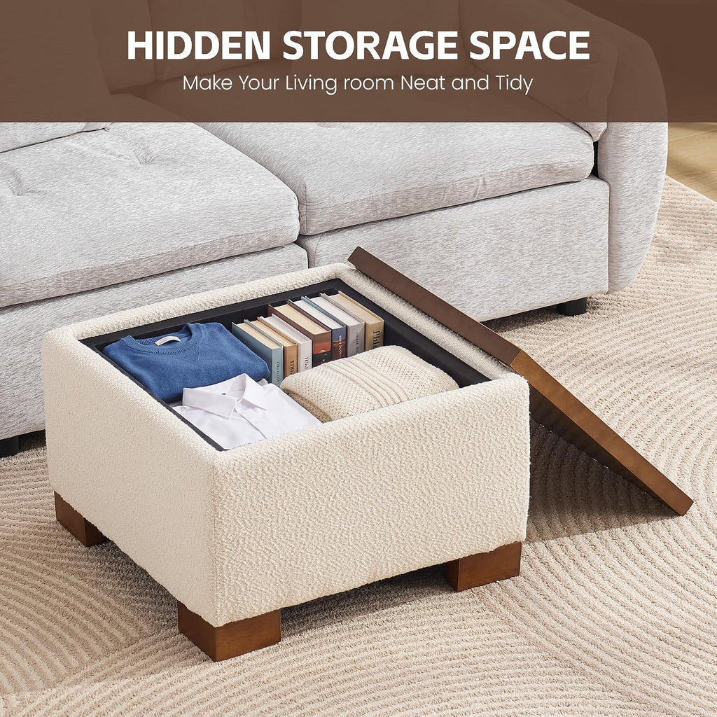 WUTUTUEE 24' Square Ottoman Coffee Table with Storage, Boucle Ottomans with Tray and Solid Wood Legs for Living Room, Bedroom and Apartments, Small Modern Ottoman Tea Table with Lift-Off Lid, Beige
