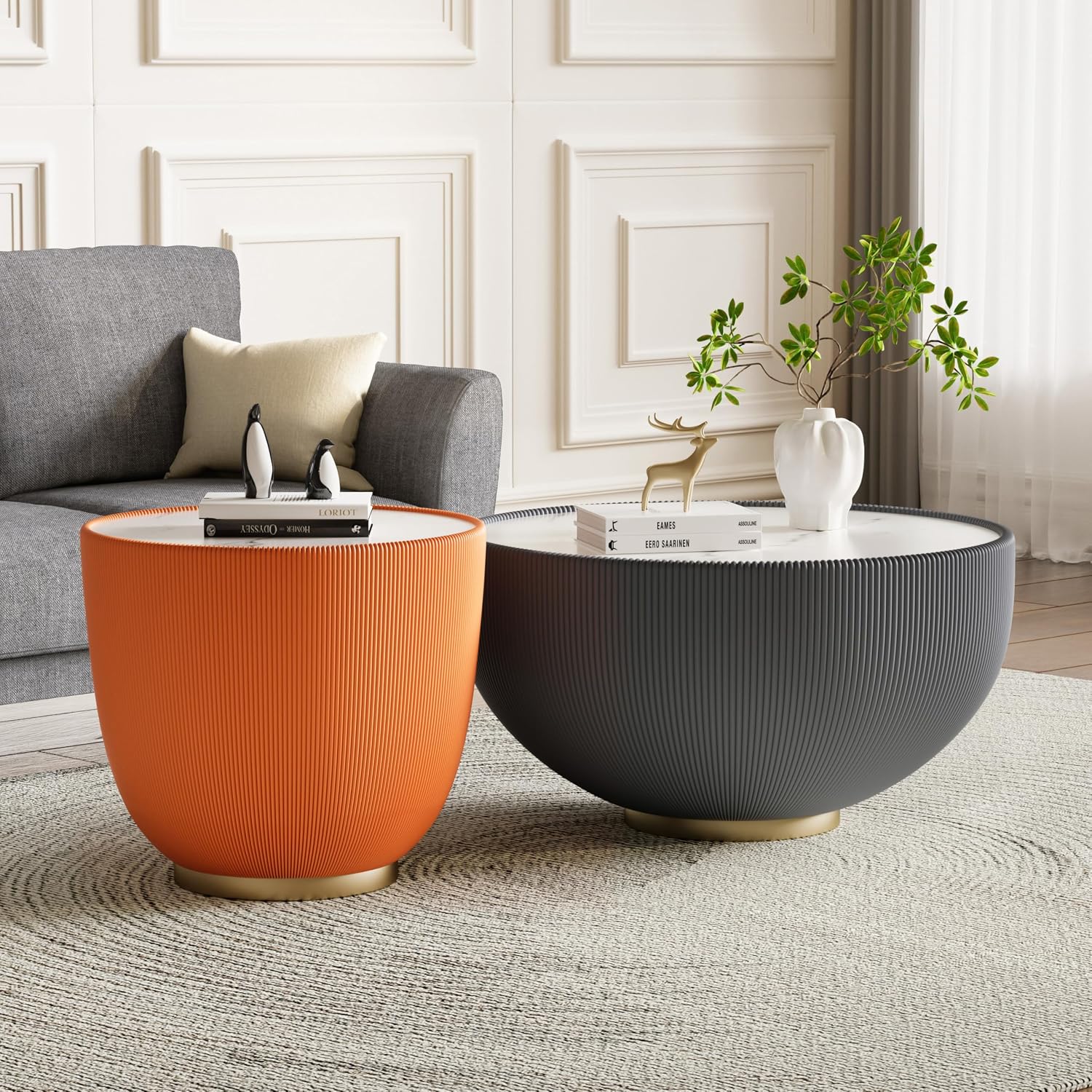 Round Coffee Table Set with Sintered Stone Tabletop, 27.56' Grey Drum Center Table and 19.69' Orange Coffee Table Set, 2 Pieces Living Room Table Set with Fluted PU Leather Cover& Metal Base