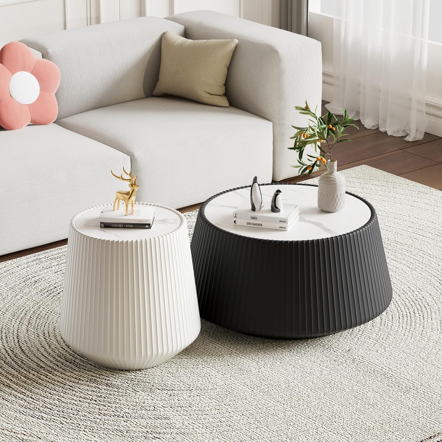 Round Coffee Table Set with Sintered Stone Tabletop, 26.77' Black Drum Center Table and 19.68' White Coffee Table Set, 2 Pieces Living Room Table Set with Fluted PU Leather Cover& Stable Base