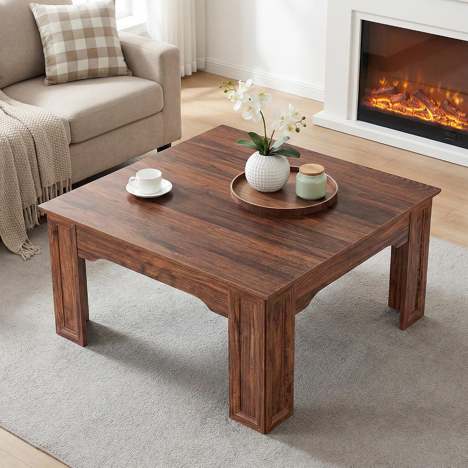 Square Coffee Table for Living Room, 39.4'' Farmhouse Wood Grain Finish Coffee Table with Carved Legs, Rustic Simple Style Center Table, Easy Assembly, Walnut Wood