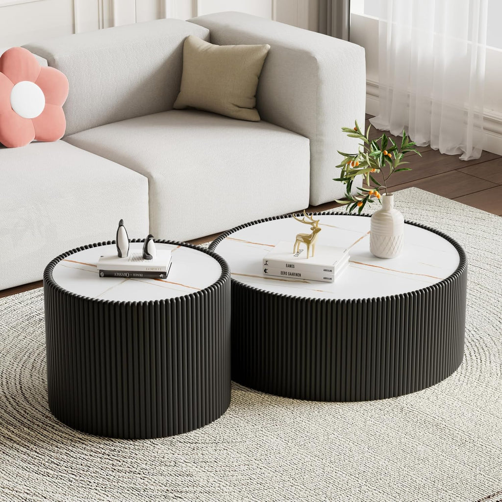 Round Coffee Table Set with Sintered Stone Tabletop, 29.52' Black Drum Center Table and 17.71' Black Coffee Table Set, 2 Pieces Living Room Table Set with Fluted PU Leather Cover& Stable Base