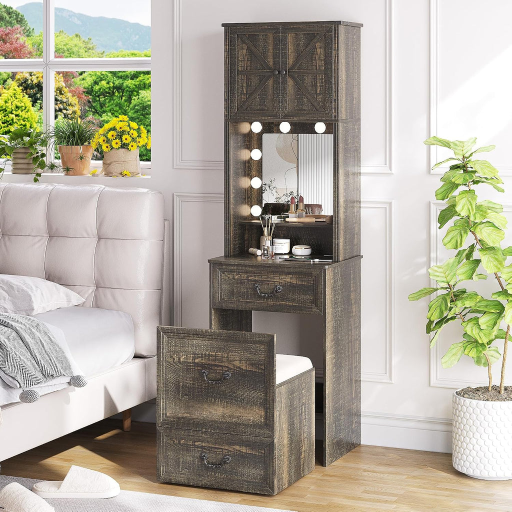 Compact Vanity with Hidden Chair, Makeup Vanity Desk with Mirror and Lights, Farmhouse Vanity Table with Storage Drawers for Bedroom, Dressing Table Gift for Girls Lady