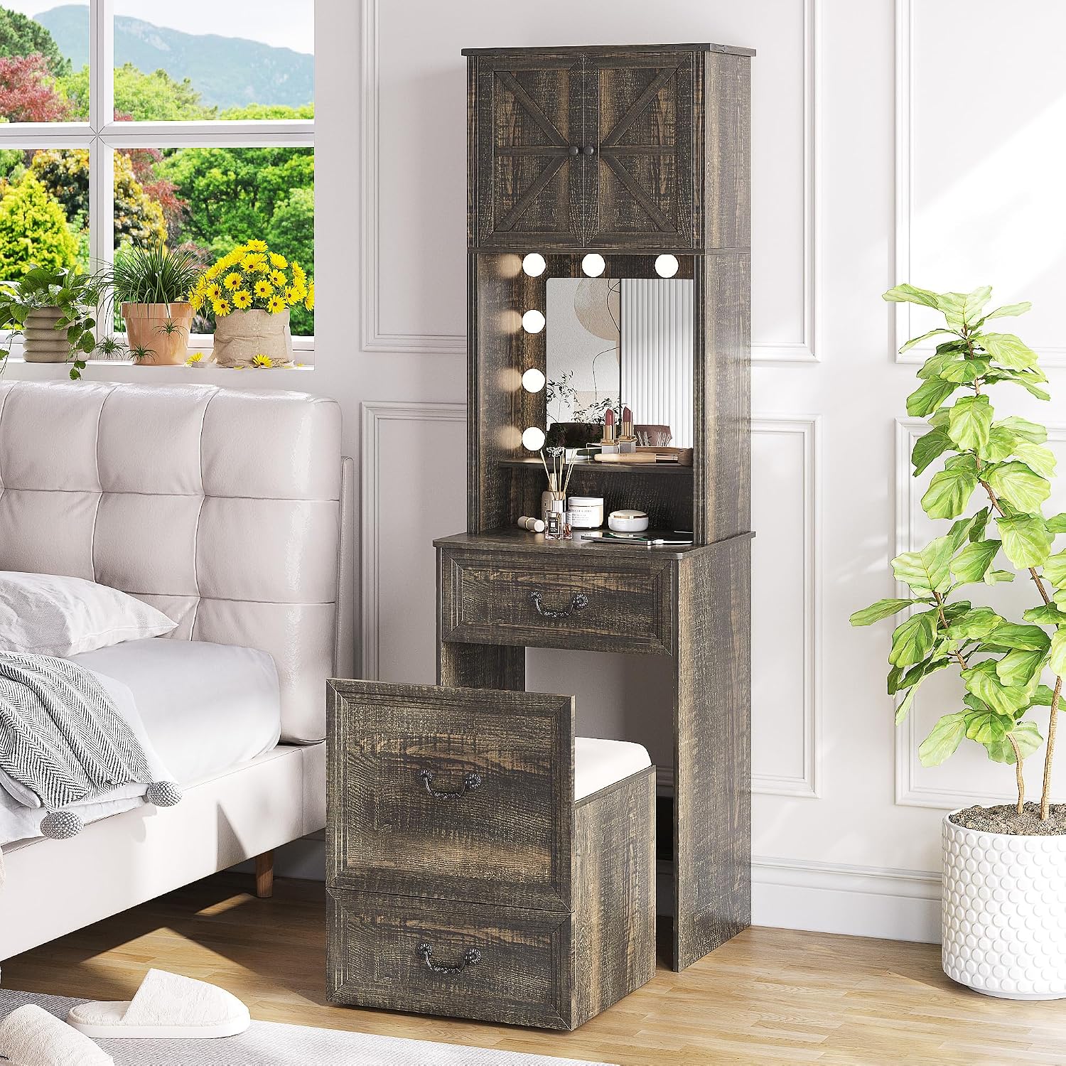 Compact Vanity with Hidden Chair, Makeup Vanity Desk with Mirror and Lights, Farmhouse Vanity Table with Storage Drawers for Bedroom, Dressing Table Gift for Girls Lady
