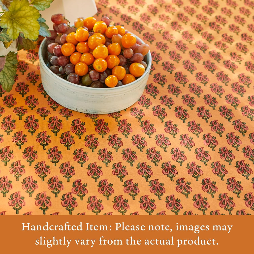 Saffron Marigold Round Hand Block Printed Tablecloth - Orange Indian Summer Luxurious 100% Cotton, Washable, for Home Decor, Kitchen, Coffee Or Dining Table 90 Inch