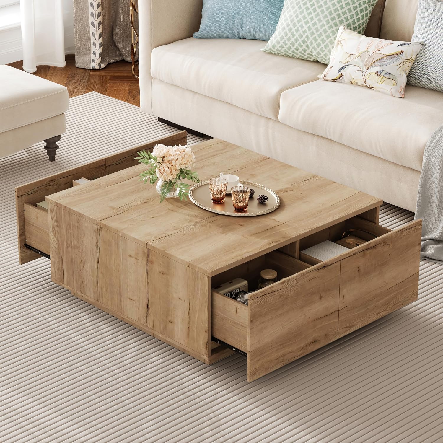 SSLine Square Coffee Table with 4 Storage Drawers,33.2-Inch Natural Wooden Coffee Table for Living Room Minimalist Cocktail Center Tables for Small Space