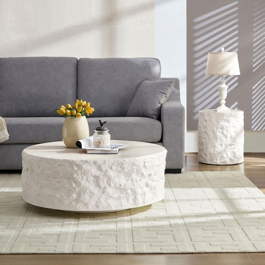 WILLIAMSPACE Round Faux Stone Coffee Table Set of 2 for Living Room, Modern Circle Drum Travertine Center Table Side Tables with Cement Stone Pattern, No Need Assembly, Fiberglass (35.4'' &15.75'')