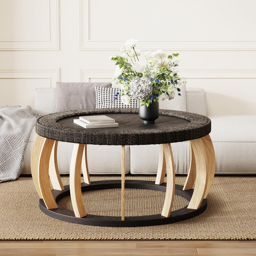JIJIWANG 35.43' Rattan Round Coffee Table with Solid Wood Top, Vintage Accent Table with Curved Legs, Boho Side Tables for Dining Room, Kitchen, Living Room, Black Brown