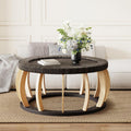 JIJIWANG 35.43' Rattan Round Coffee Table with Solid Wood Top, Vintage Accent Table with Curved Legs, Boho Side Tables for Dining Room, Kitchen, Living Room, Black Brown