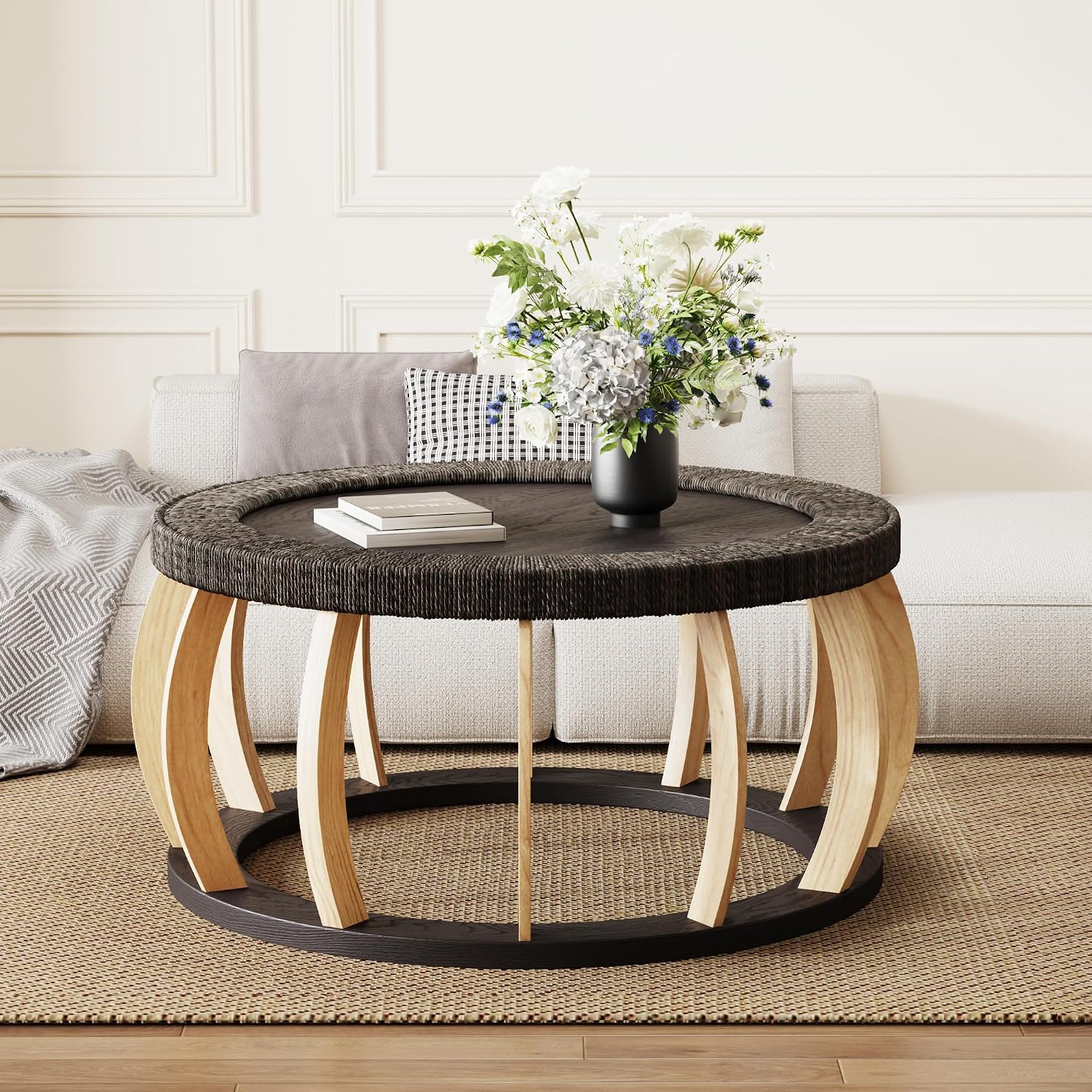 JIJIWANG 35.43' Rattan Round Coffee Table with Solid Wood Top, Vintage Accent Table with Curved Legs, Boho Side Tables for Dining Room, Kitchen, Living Room, Black Brown