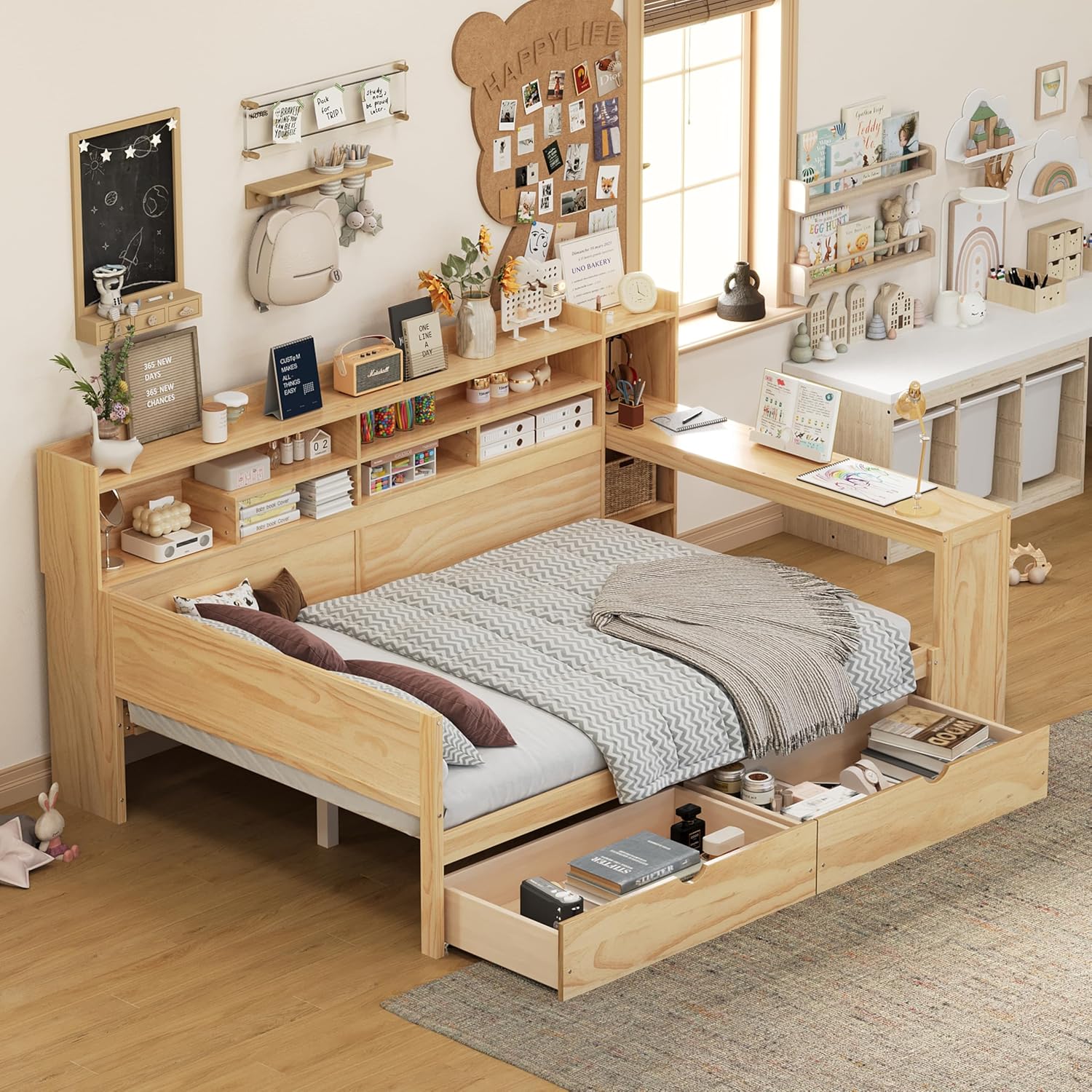 LUMISOL Full Size Daybed with Desk & Storage, Wooden Corner Bed Frame with Storage Drawers & Shelves for Living Room, Guest Room, No Box Spring Needed, Natural