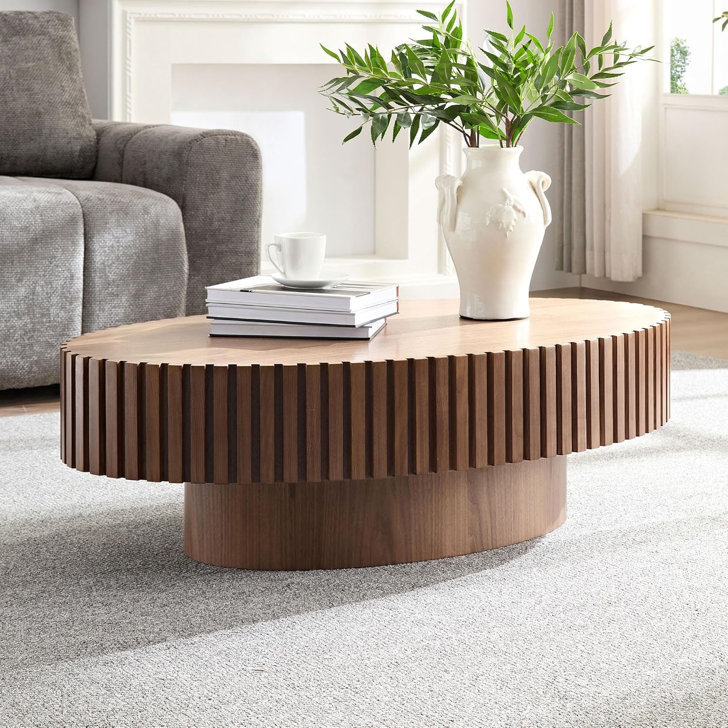 Oval Coffee Table for Living Room Fluted Coffee Table with Pedestal 43.7' Modern Wood Olive-Shaped Center Table for Apartment Easy Assembly Walnut