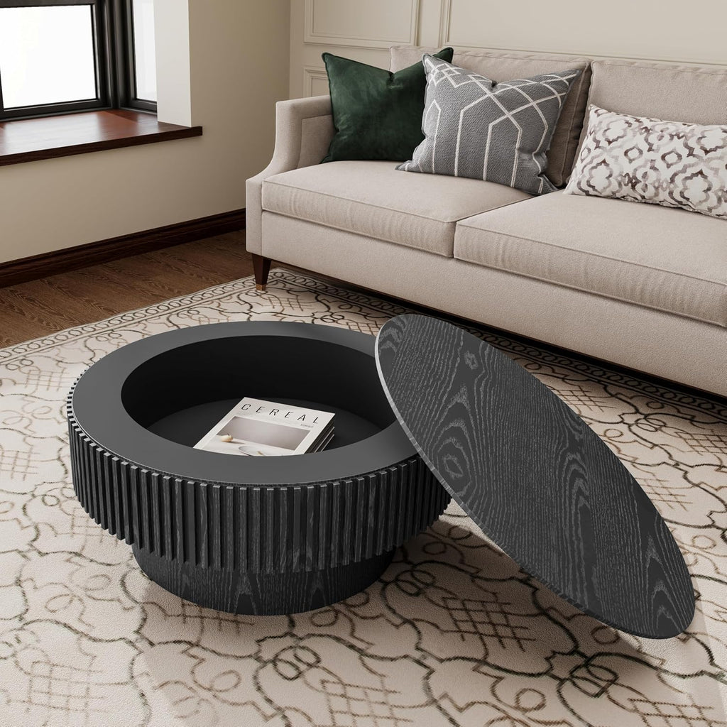 JUSTONE 31.5' Round Coffee Table,Farmhouse Wood Coffee Table with Storage for LivingRoom,Apartment,Office,Black