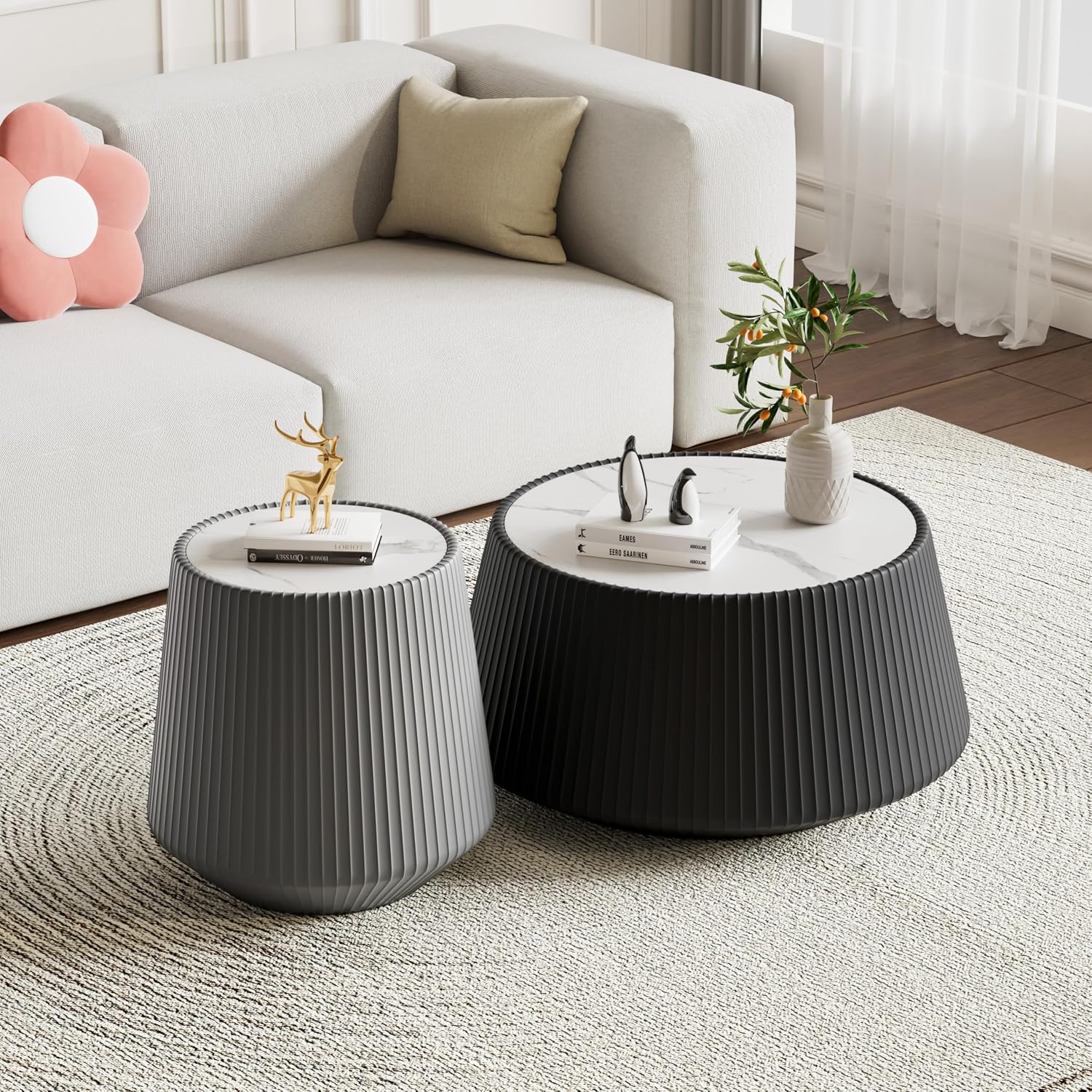 Round Coffee Table Set with Sintered Stone Tabletop, 26.77' Black Drum Center Table and 19.68' Grey Coffee Table Set, 2 Pieces Living Room Table Set with Fluted PU Leather Cover& Stable Base